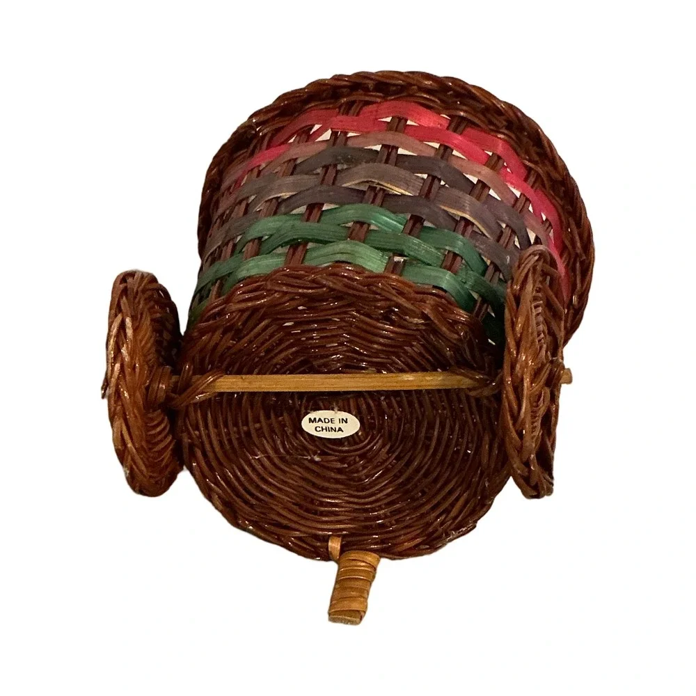 Vintage Miniature Wicker Cart Basket Woven‎ Colorful Stripe Decorative Trinket